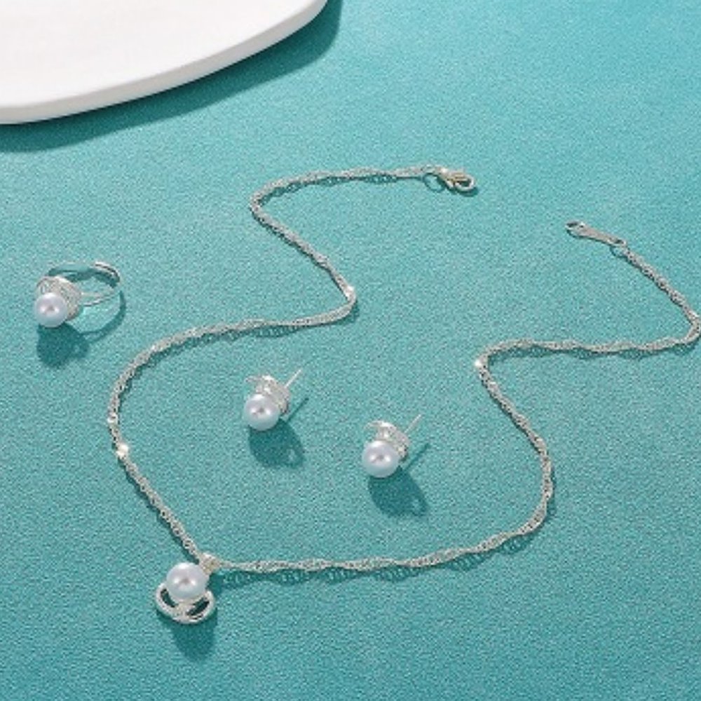 Sterling Silver & Faux Pearl Earrings, Ring and Necklace Set